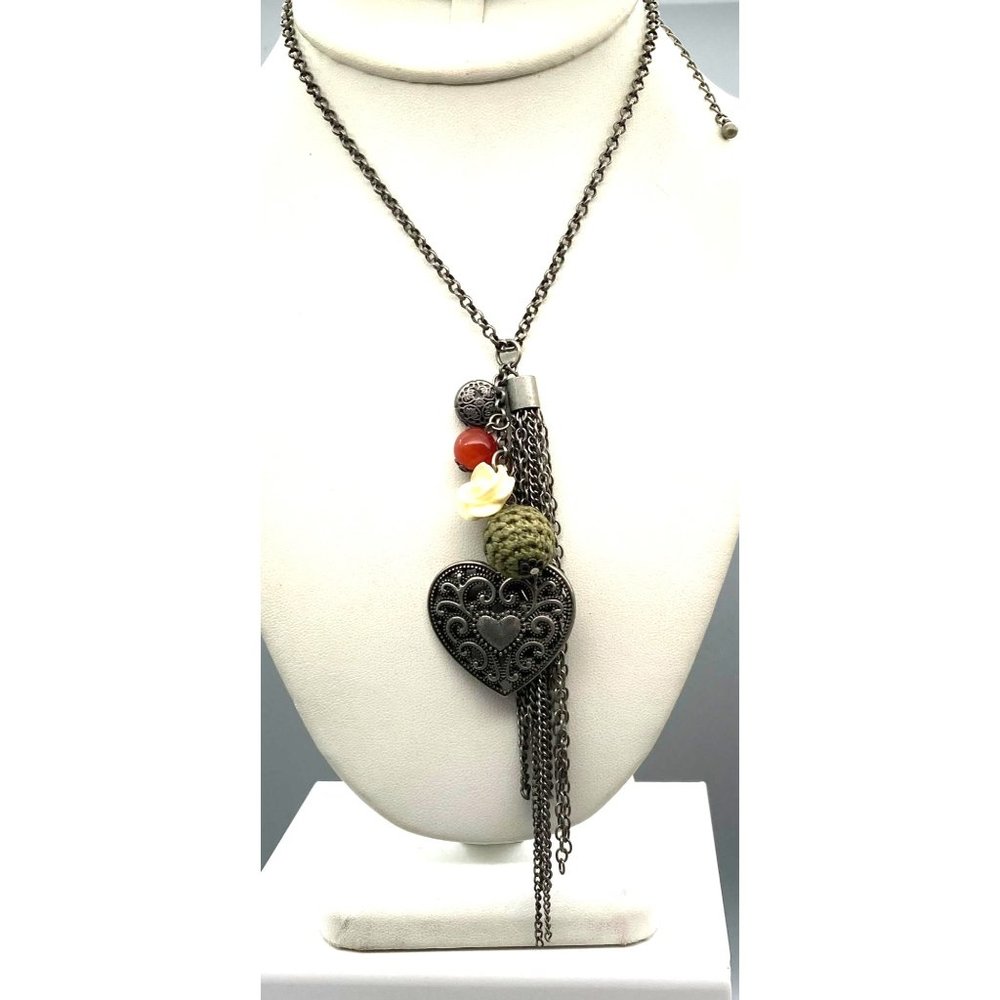 Vintage Hearts and Flowers Charm Pendant Necklace on Long Silver Tone Rolo Chain